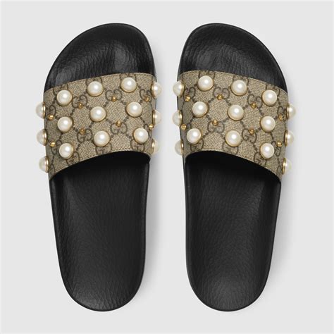 gucci pearl and diamond slide|all black Gucci slides women's.